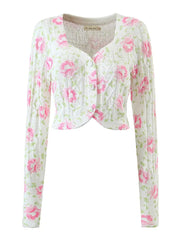 Autumn Retro Tie-dye Flower Print Cropped Cardigan Woman V neck Puff Long Sleeve Knitted Sweater Knitwear Jumper voguable