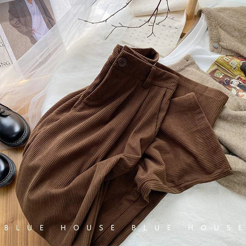 High Waist Women Retro Corduroy Pants Fall Straight Causal Full Length Trousers Vintage Coffee Pockets All Match Pants New voguable