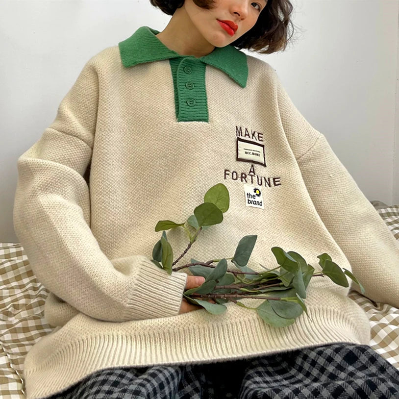 Voguable Ins High Street Cute Embroidery Buttons POLO Shirt Sweaters for Men Baggy Oversized Pullover Harajuku Streetwear Winter Clothes voguable