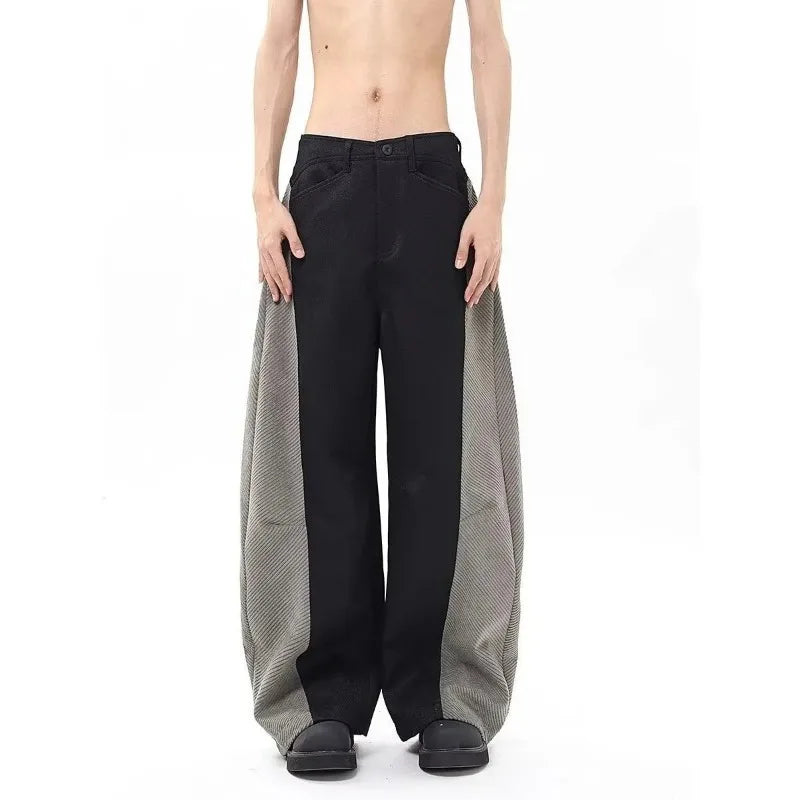 Voguable  Men's Panel Wide-Leg Pants Contrast Herringbone Side Stripe Baggy Fit voguable