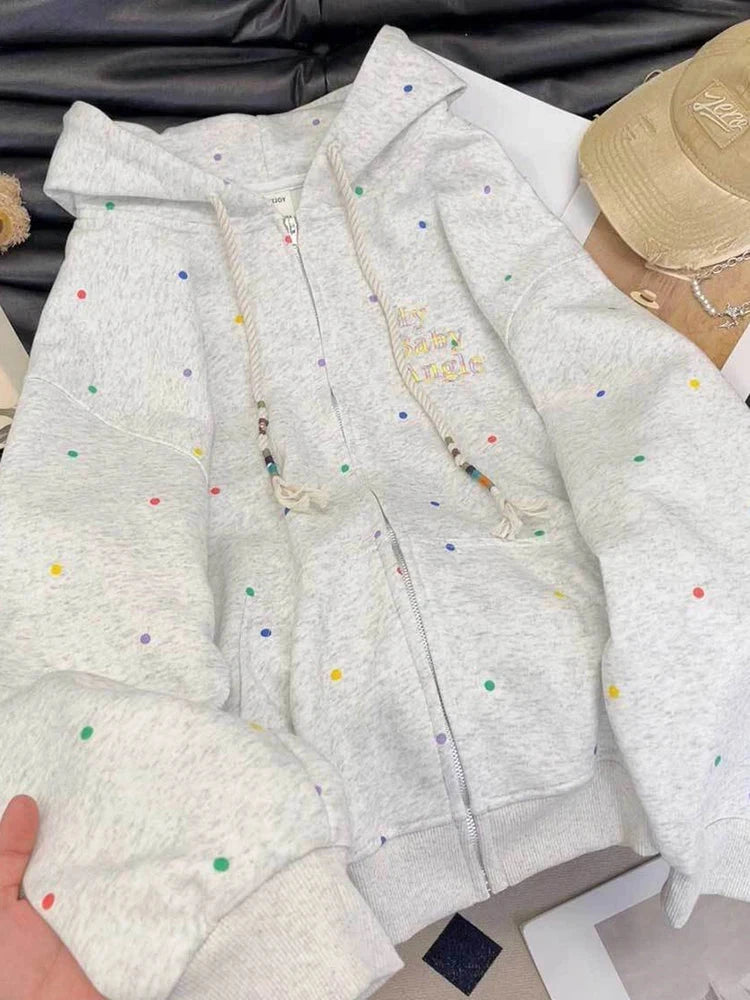 Vintage Dot Sweet Hoodies Women Letter Embroidery Cute Loose Sweatshirts Casual Preppy Style Long Sleeve Lady Japan Tops voguable