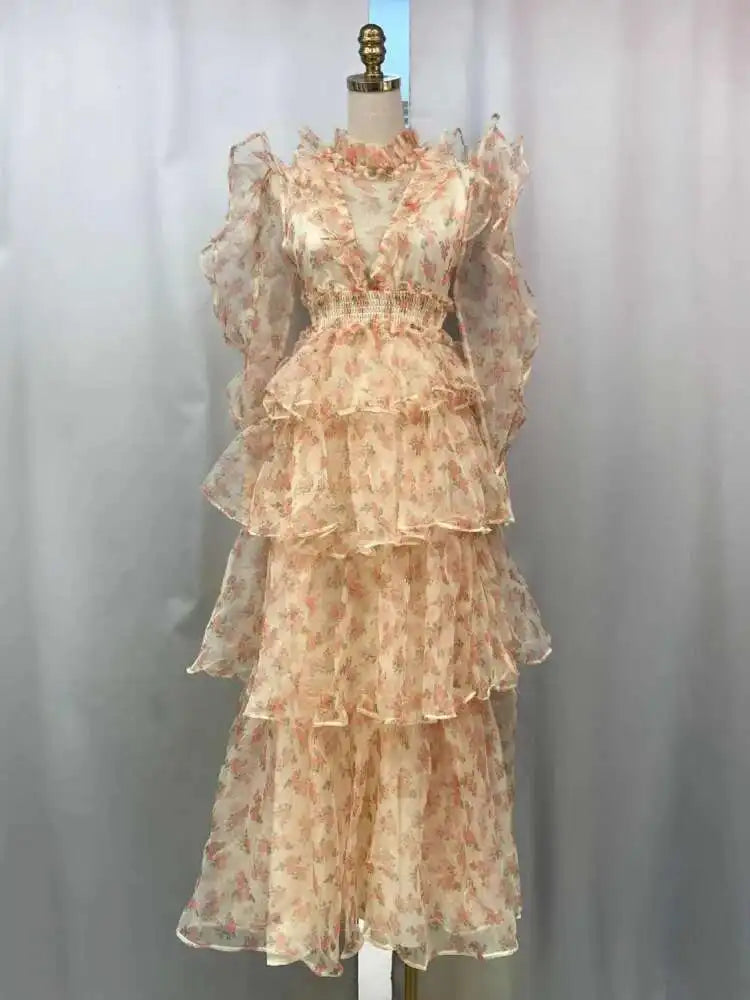 Mesh See-through Women Dress Zipper Flowers Edible Tree Fungus Design Stand Collar Full Sleeve 2025 Dresses Female voguable