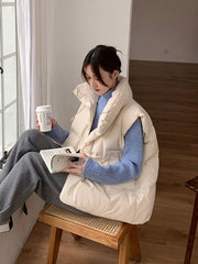 Voguable Korean Chic Thick Puffy Vest Women Winter Warm Streetwear Parkas Jacket Simple Loose Zipper Casual Cotton Down Solid Vest voguable