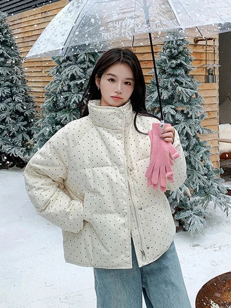 Dot Sweet Warm Parkas Women Long Sleeve Retro Winter Thick Cute Cotton Coat Casual Stand Collar Pockets Korean New Jacket voguable