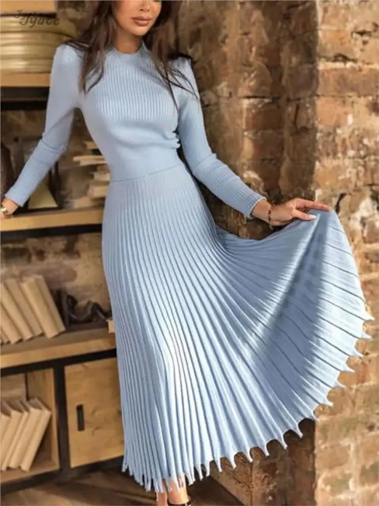 Women Spring And Autumn Solid Color Casual Pleated Mid-length Knitted Dress Fashion Long Sleeve O-neck Robe A-line Slim Vestidos voguable