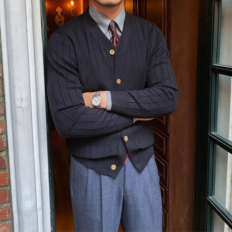 Japan Style Trend Autumn Cardigan Sweaters Men Clothing V-Neck Solid Button Business Casual Office Long Sleeve Slim Knitted Tops voguable