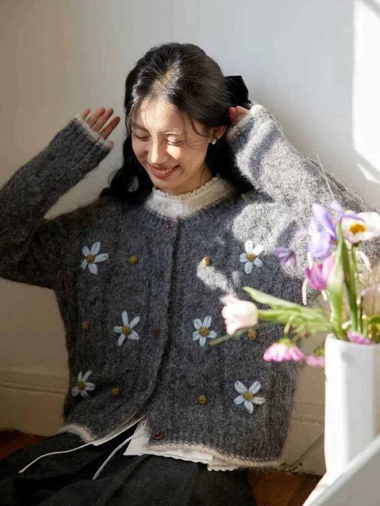 Elegant Floral Gray Cardigan Women Lazy Wind Long Sleeve Sweet Knitted Sweaters Vintage Japan Casual O Neck Female Retro Tops voguable