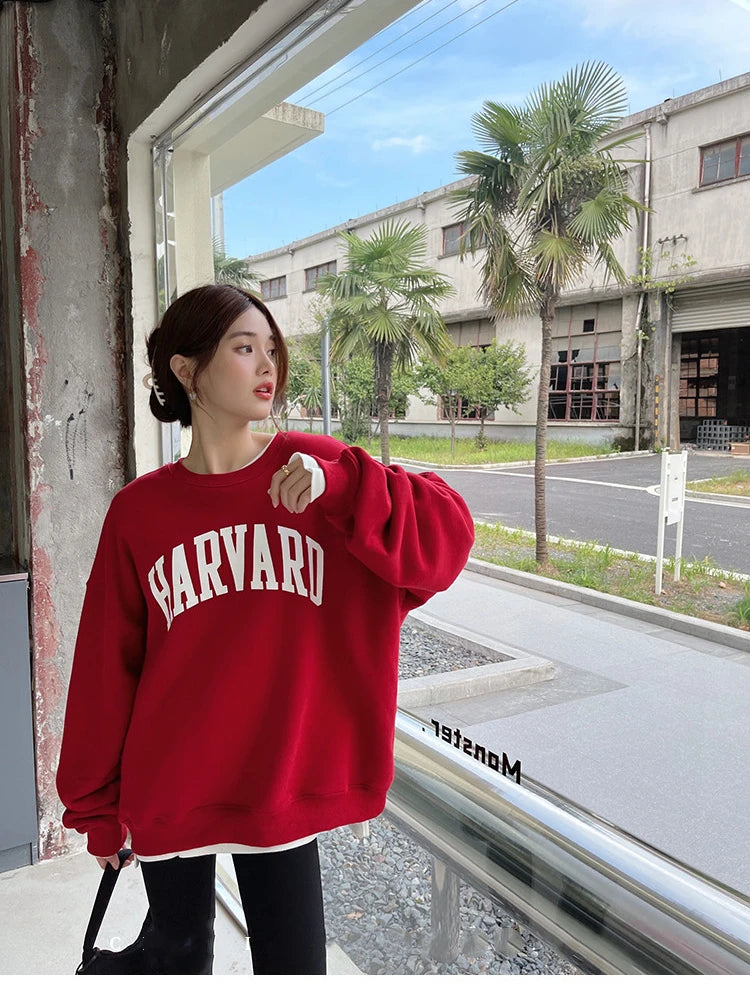 Women's English Printing Long Sleeved Red Sweatshirts Spring Autumn New Street Style Female Loose Round Neck Pullover Tee voguable