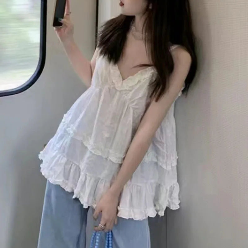 Voguable  Preppy Style Short Tank for Women Summer Ruffles Design White Camisole Woman Japanese Sweet Beach Sleeveless V-Neck Tops voguable
