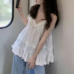 Voguable  Preppy Style Short Tank for Women Summer Ruffles Design White Camisole Woman Japanese Sweet Beach Sleeveless V-Neck Tops voguable