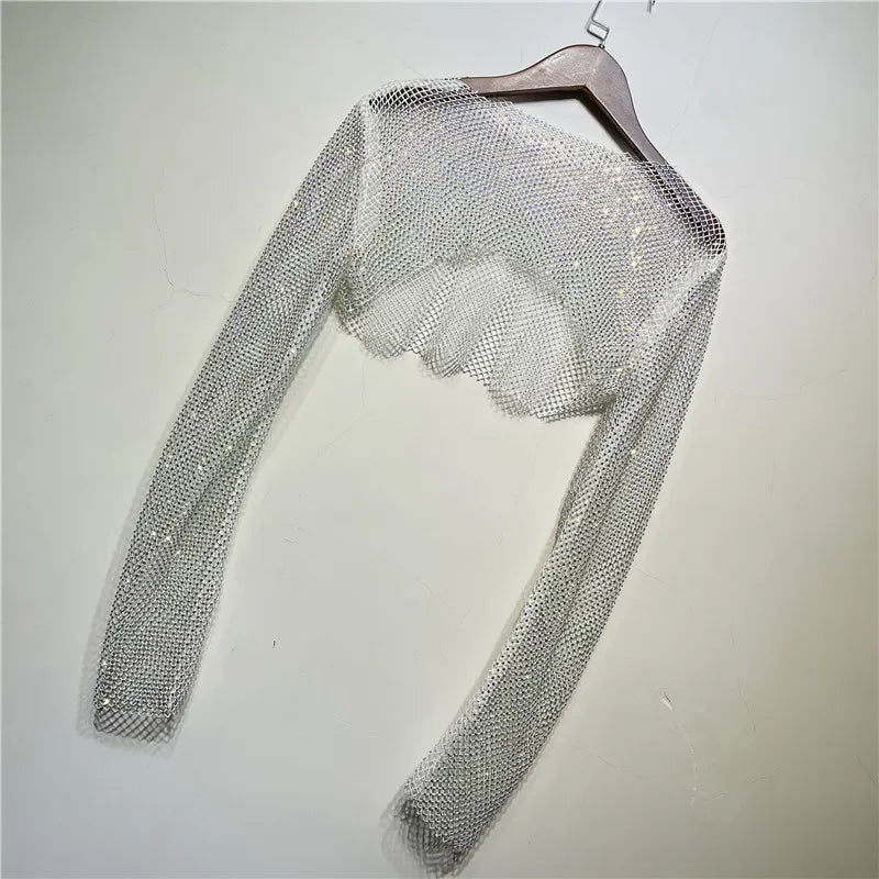 Sparkly Crystal T-shirts Women O-Neck Hollow Out Sexy See Through Tank Tops Night Partywear Crop Shirts Tee Y2K Tops 2022 voguable