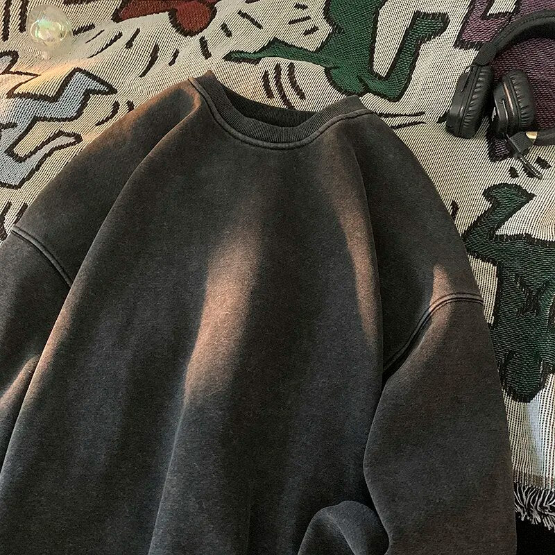 American Washed Old Pullovers Sweatshirts Men Loose Solid Color Autumn Large Size Warm O Neck Tops Hip Hop Y2k Sweatshirt voguable