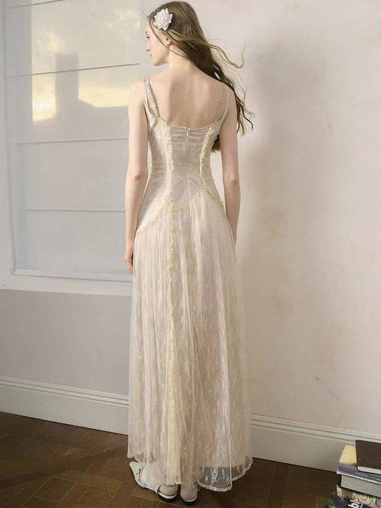 Elegant Lace Patchwork Camis Dress Women Summer Sexy Backless Hollow Out Midi Dress Y2K Fashion Lace Up Streetwear Vestidos voguable