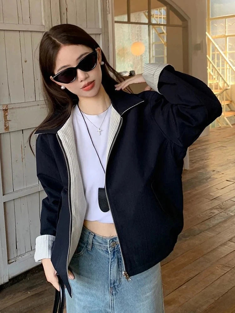 Striped Vintage Y2K Jacket Women Design Double Sided Wear Loose Streetwear Coat Casual American Fall Winter Long Sleeve Top voguable