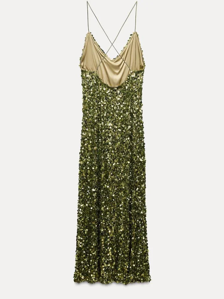 Women's Green Sequin Backless Sling Dress Sexy Sleeveless Off Shoulder Slim Vestidos Elegant Female Evening Party Long Robes voguable