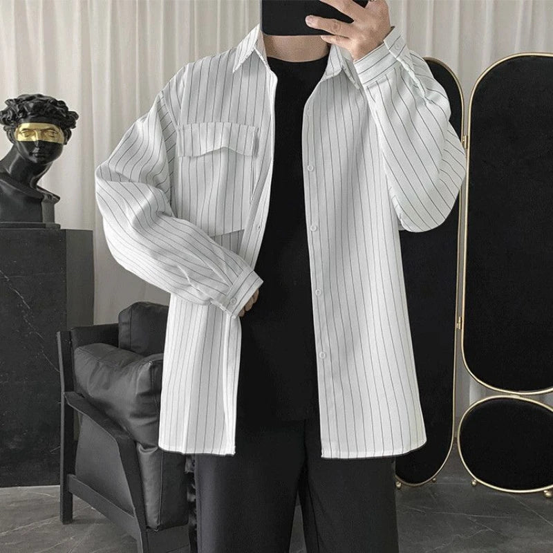 Spring Autumn New Fashion Turn-down Collar Long Sleeve Striped Blouse Men's Clothing Pockets Button Japanese Style Trend Shirts voguable