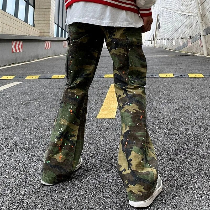 Y2K Fashion Ink Graffiti Baggy Tracksuit Cargo Flare Pants Men Joggers Camouflage Women Casual Long Trousers Ropa Hombre voguable