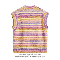 Autumn Winter Rainbow Stripe High Street Men Sweater Vest Shirt Unisex Couple Women Zip-up Cardigan Casual Hip Hop Retro Vintage voguable