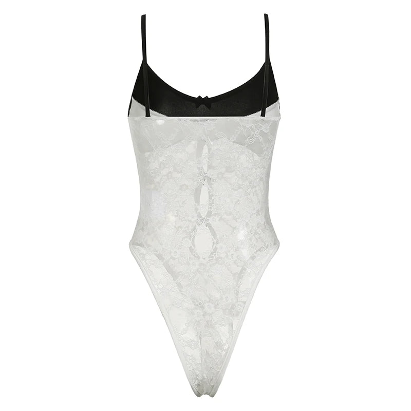 Voguable Korean Style Contrast Lace Patchwork Bodysuit Women Sexy Multi Bows Hollow Out Sleeveless Bodysuits Y2K Translucent Top voguable