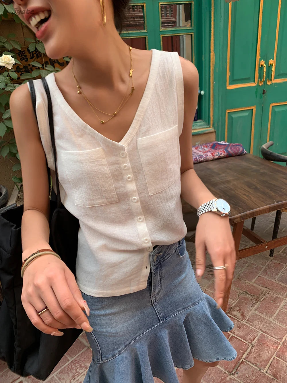 Casual Women Thin Cotton Summer Vest New V-neck Pocket Single Breasted Office Lady Tank Beige Black Fashion Sleeveless Top voguable