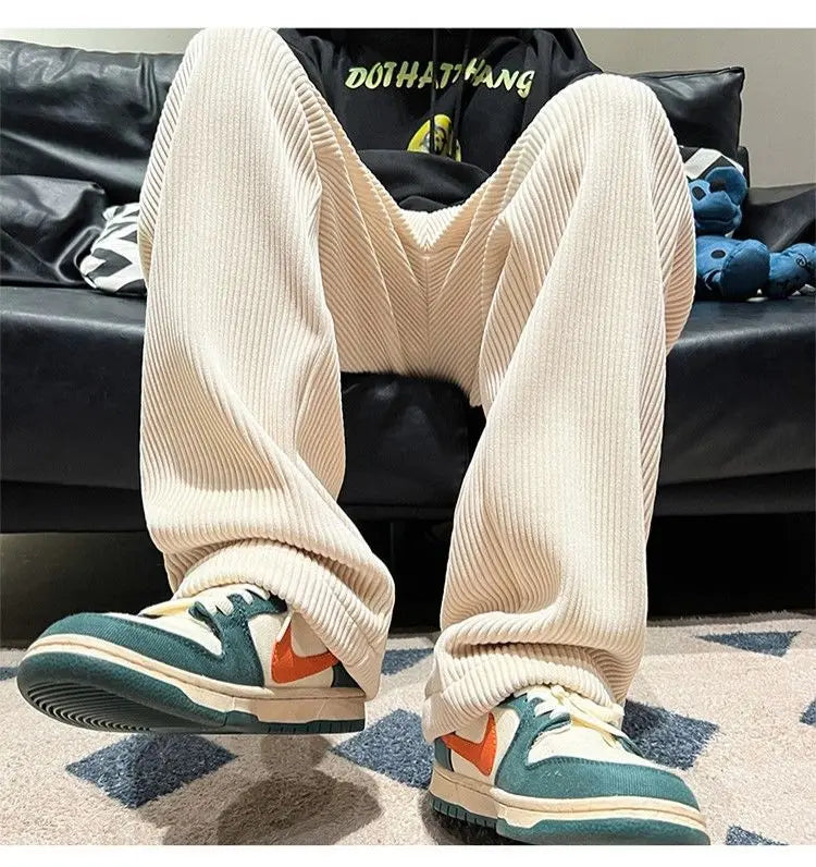 Autumn Corduroy Straight Trousers Men Loose Solid Casual Drape Trousers Harajuku Fashion Drawstring Street Wide Leg Sweatpant voguable