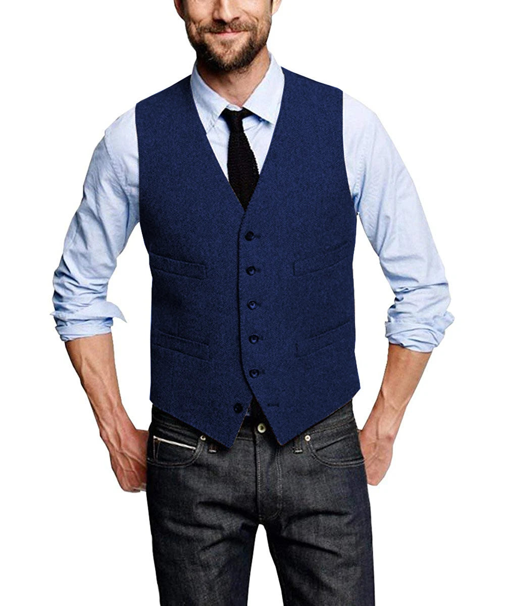 Men's Classic Vest Single Breasted Slim Fit Vintage Modern Waistcoat Casual Gilet Herringbone Wedding voguable