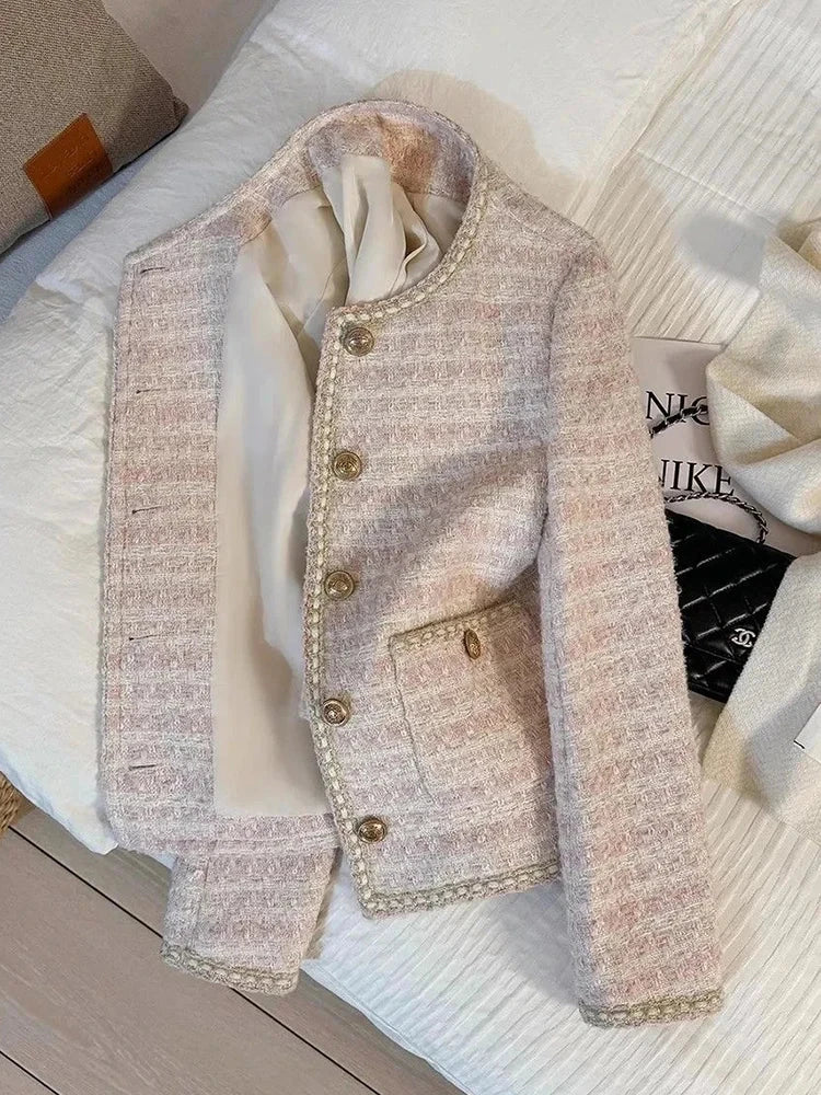 Pink Women Sweet Tweed Jacket Vintage Long Sleeve Slim O Neck Coat Korean Fall Winter Retro Small Fragrance Elegant Tops voguable