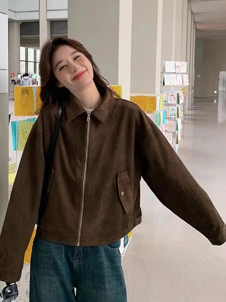 American Y2K Jacket Women Vintage Loose Faux Suede Long Sleeve Casual Coat Hip Hop Fall Winter Lady Streetwear New Outwear voguable