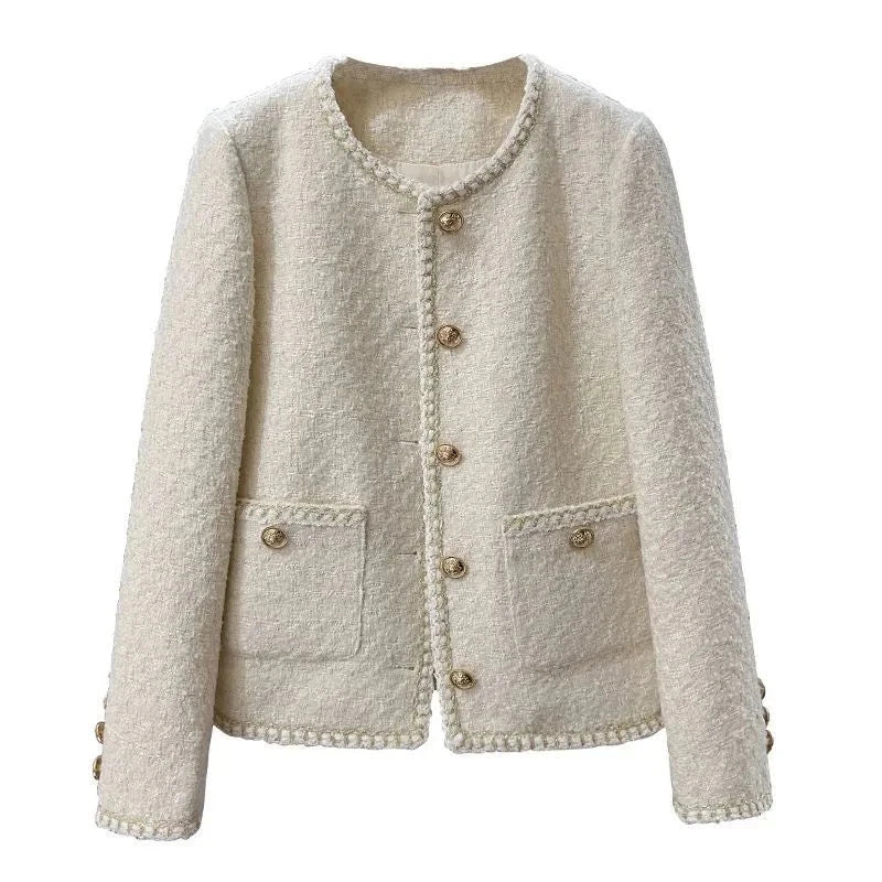 French Sweet Tweed Jacket Women O Neck Elegant Slim Long Sleeve Coat Vintage Casual Single Breasted Female Fall Winter Tops voguable