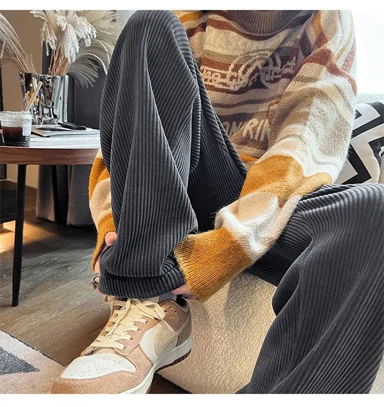 Autumn Corduroy Straight Trousers Men Loose Solid Casual Drape Trousers Harajuku Fashion Drawstring Street Wide Leg Sweatpant voguable