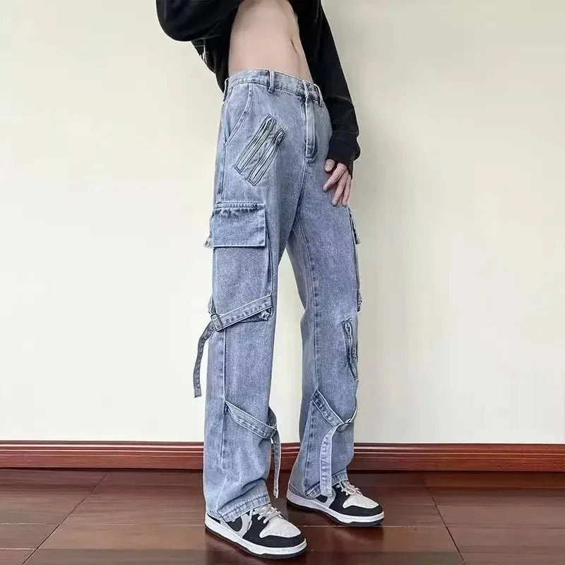 American Style Vibezip-up Trendy Jeans For Men Loose-fit Bell Bottoms Ins High Street Gangsta Style Casual Workwear voguable