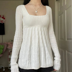 Vintage Babydoll Tops Pullovers Lady Aesthetic Coquette Knit Sweaters Outfit Autumn Square Neck Long Sleeve Knitwear Jumpers Y2k voguable
