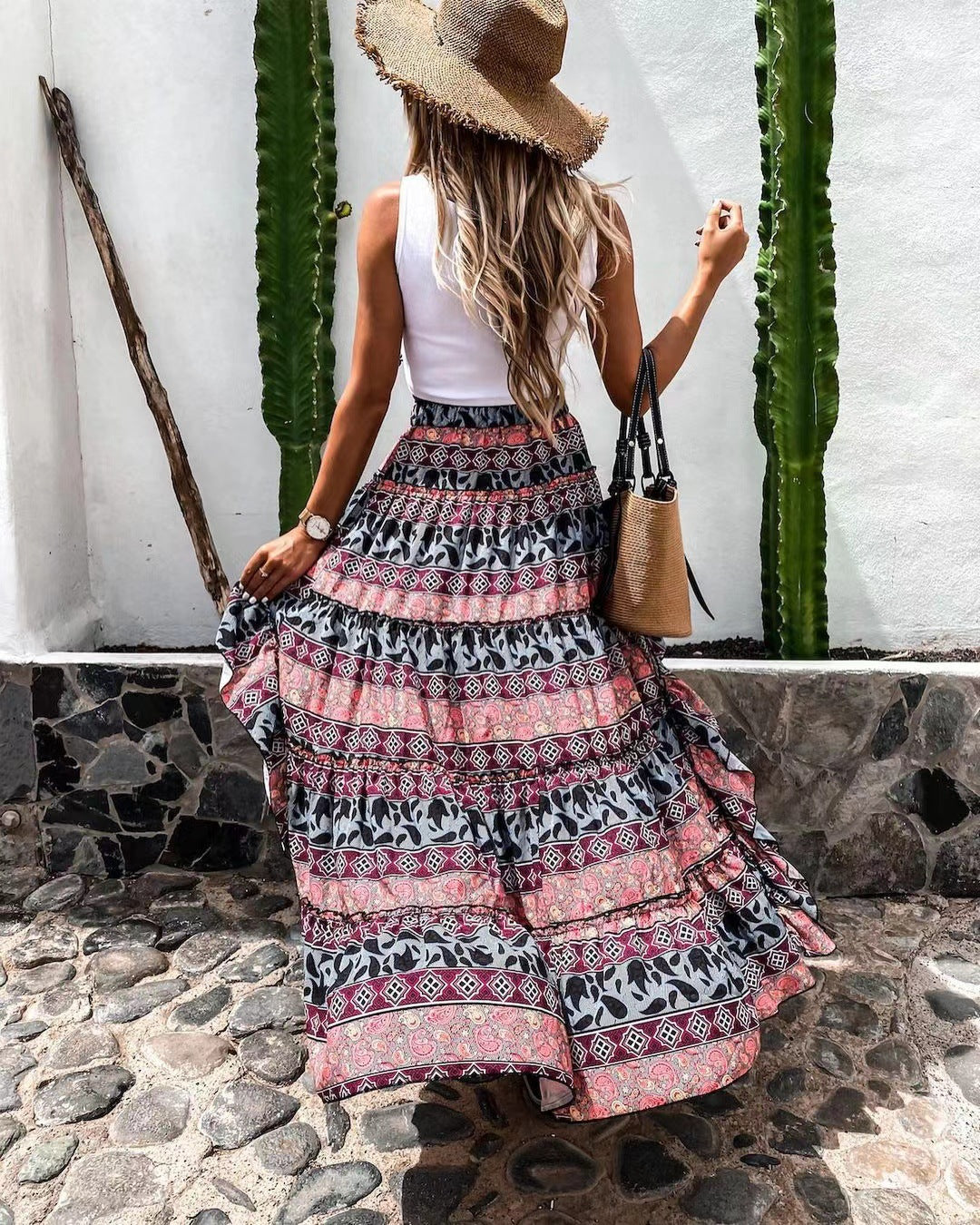Summer High Waist Long Print Skirt  New Bohemian Women Casual Beach Chic Faldas Female Elastic Waist Irregular Holiday Skirt voguable
