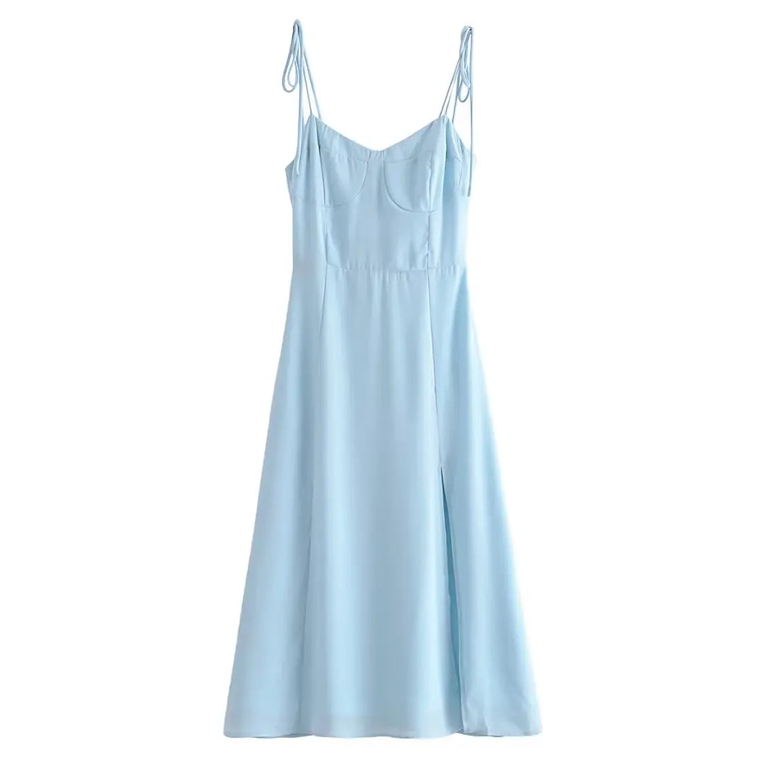 Voguable  Women French Style Light Blue Front Slit Sling Dresses Sexy Sleeveless High Waist Female Holiday Summer Chiffon Dress voguable