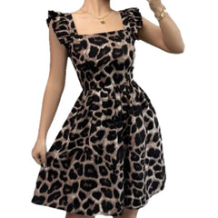 Voguable  Summer leopard print lace backless ruffle hem dress voguable