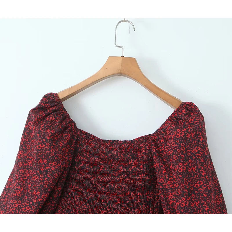 Voguable  2024 Women Front Lacing Up Wine Red Floral Print Dress Vintage Puff Sleeve Layered Ruffle Hem Cake Mini Dress Holiday voguable