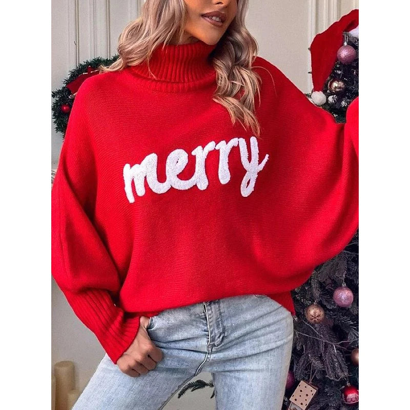 Christmas Turtleneck Sweater Women Elegant Merry Letter Print Long Sleeve Pullovers Female Fashion Autumn Winter Knit Sweaters voguable