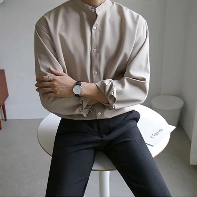 Men Spring Autumn Fashion Stand Collar Solid Shirts Men Long Sleeve Business Casual Shirts Male New Loose Blouses voguable