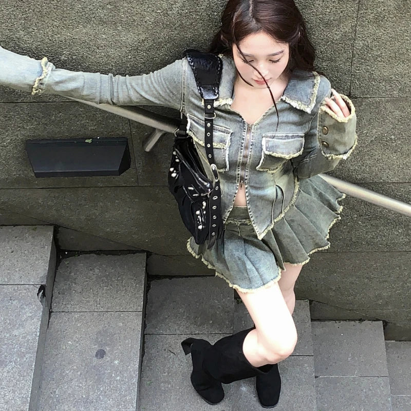 Voguable Autumn New Streetwear Distressed Washed Casual Long-sleeved Jacket Women + High Waist Pleated Denim Skirt Two-piece Suit voguable