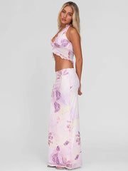 Mesh Print Sexy Skirt Two Piece Set Women Fashion Halter Tank Tops And Maxi Skirt Female Elegant Printed 2 Piece Set voguable