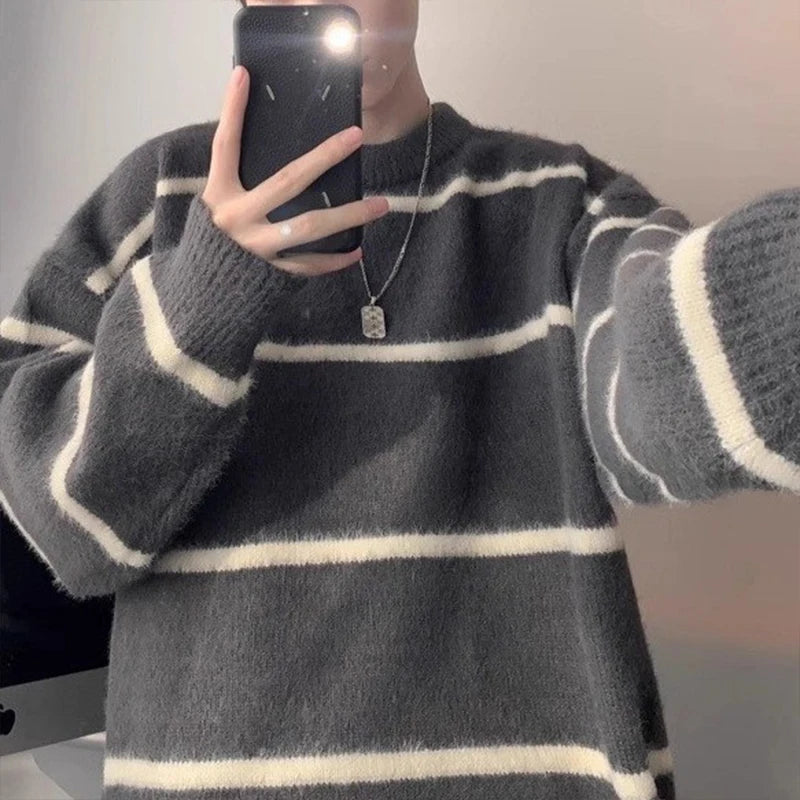 New Korean Trendy Men Sweater Light Luxury Knitted Drooping Stripe O Neck Long Sleeve Pullover Casual High Street Knitwear M-3XL voguable
