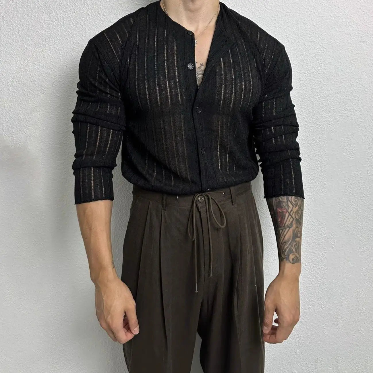 Autumn Hollow Design Knitted Cardigan Men T-shirt Korean Long Sleeve High-end Round Collar Button Holiday Hawaiian Shirt voguable