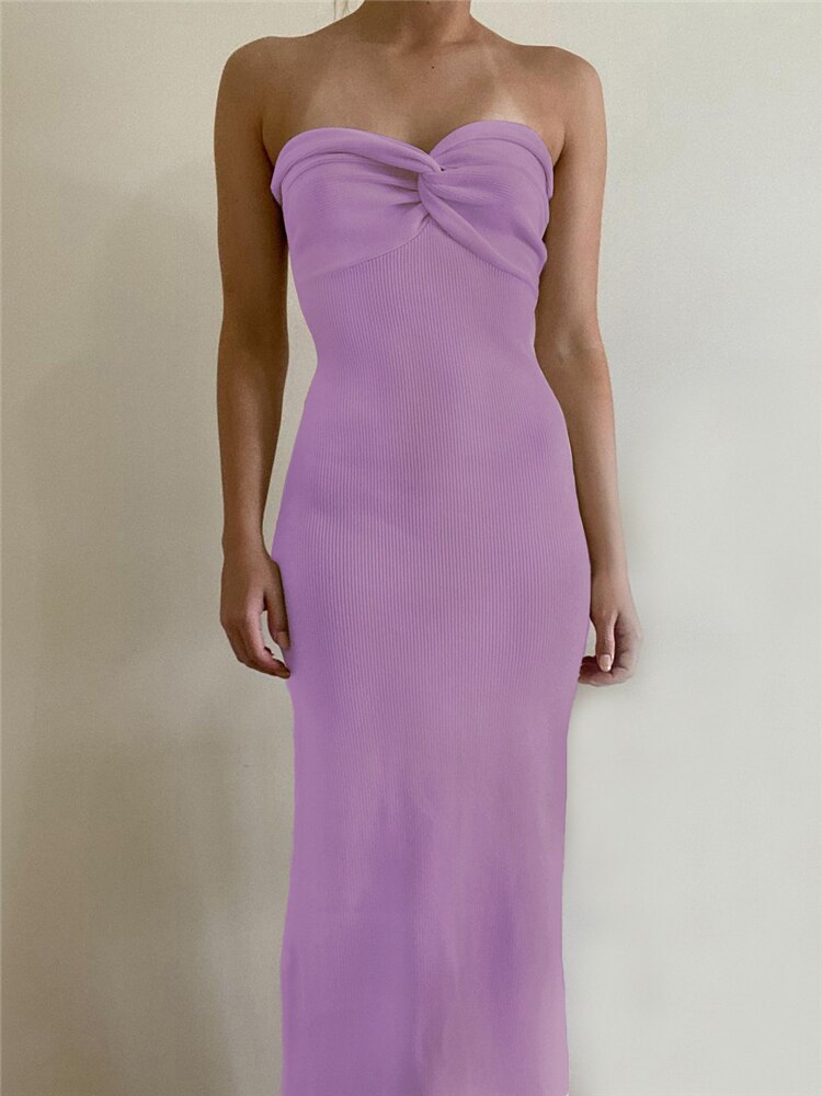 Strapless Knit Maxi Dresses For Women Summer Beach Party Bodycon Dress Off-Shoulder Twist Knitting Evening Backless Dress voguable