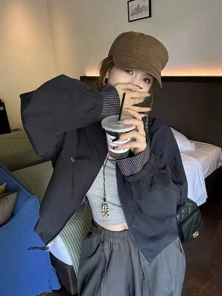 Harajuku Y2K Baseball Jacket Women Loose Vintage Plaid Patchwork Short Coat Streetwear Long Sleeve Vintage American Bf Tops voguable