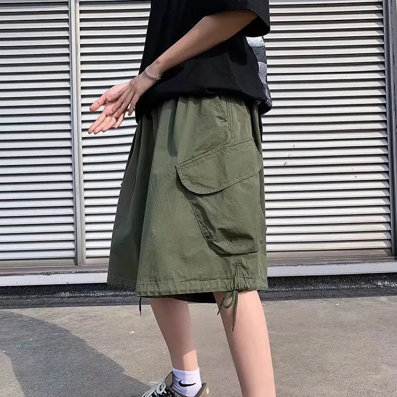 Voguable  7-point Men Summer Thin Japanese Workwear Wide-leg Loose Over-knee Shorts voguable