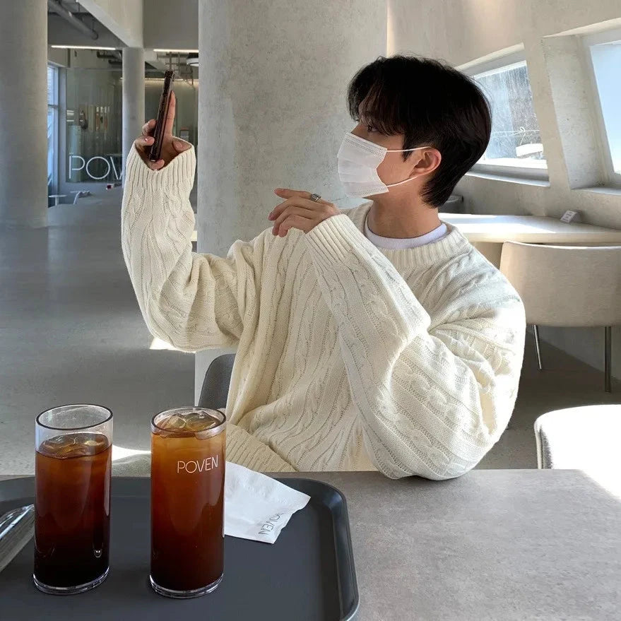 Winter Korean Fashion Jacquard Men Sweater Luxury Trendy O Neck Knitted Solid Color Pullover Leisure Long Sleeve Basic Knitwear voguable