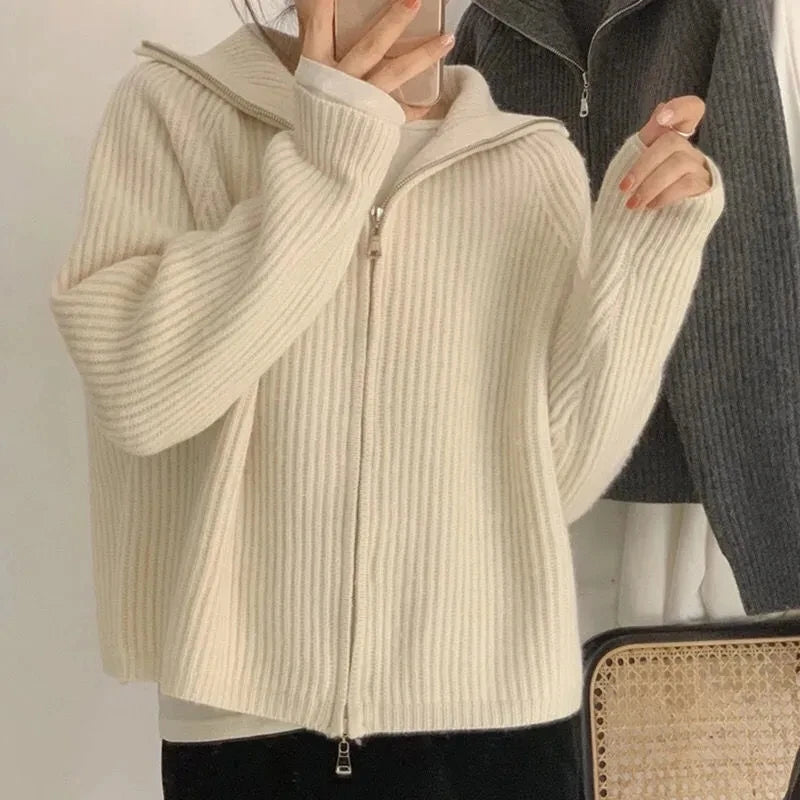 Voguable  Casual Knitted Cardigan Sweaters Women Autumn Vintage Zip-up Solid Loose Long Sleeve Tops Knitwear Chic Kpop voguable