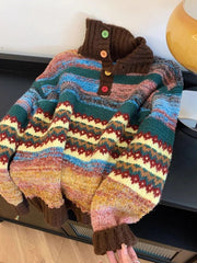 Vintage Print Harajuku Sweater Women Loose Fall Winter Sweet Knitted Jumper Casual Stand Collar Long Sleeve American Retro Tops voguable