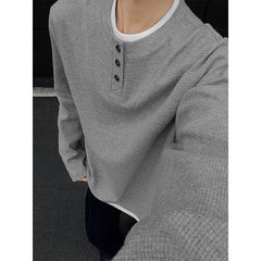 Spring Long Sleeved T-shirt Men Fashion Solid Color Checkered T Shirt Men Streetwear Korean Loose Round Neck T Shirt Mens Top voguable