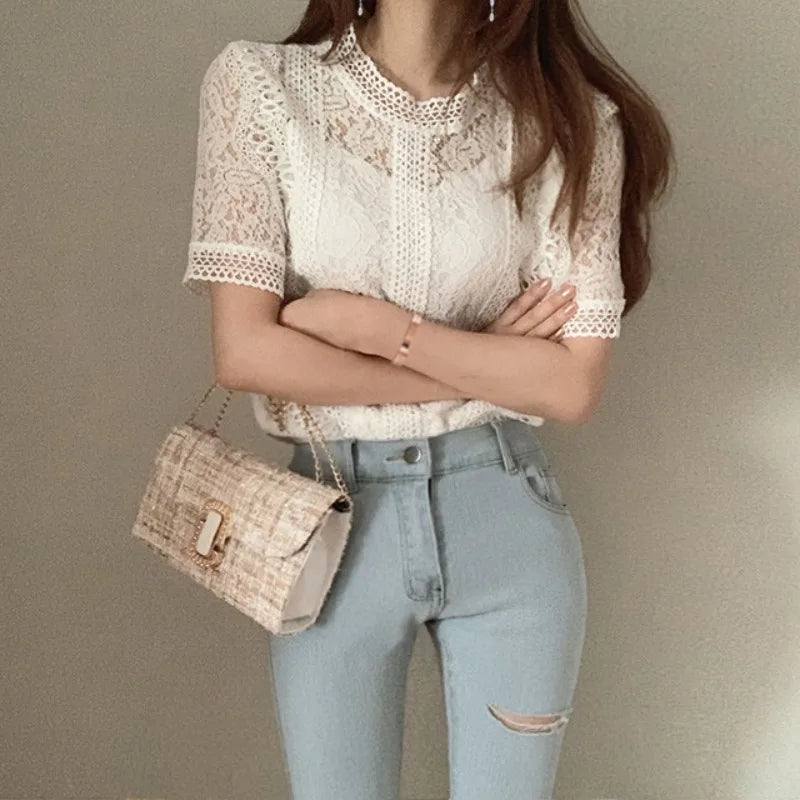 Voguable  Elegant Hollow Out Lace Shirt Woman Summer Sheer O-Neck Short Sleeve T-shirt Women Loose Crochet Flower Sun Shirts Ladies Tops voguable